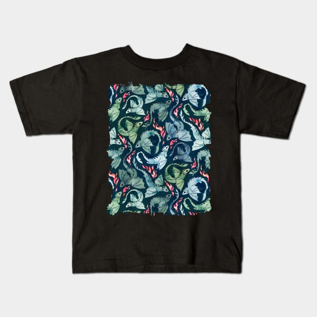 Dragon fire dark blue & green Kids T-Shirt by adenaJ